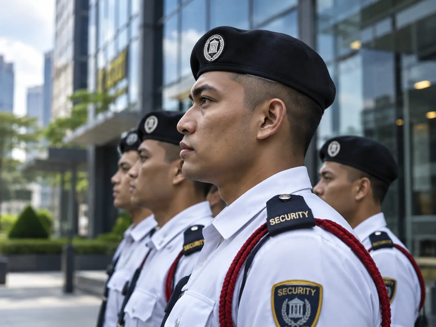 Line of uniformed Gurkha security officers standing at attention