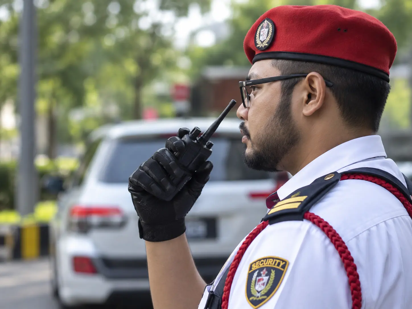 Security officer with a red beret using a two-way radio