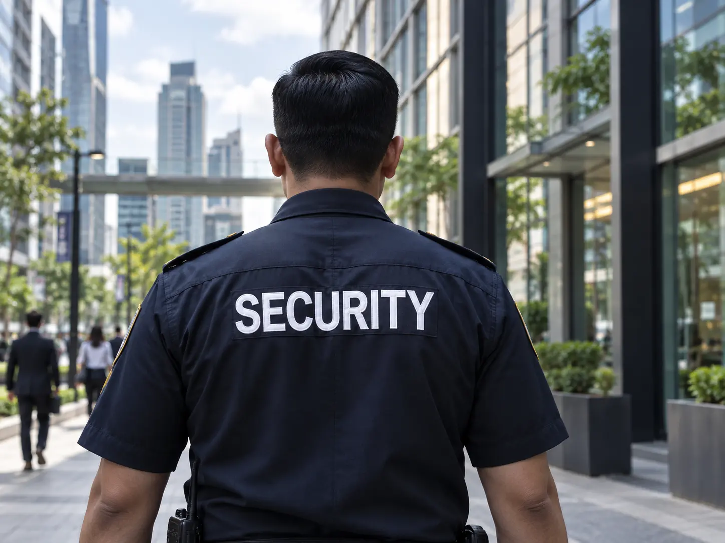 Malaysian static security guard on duty outside a city office building