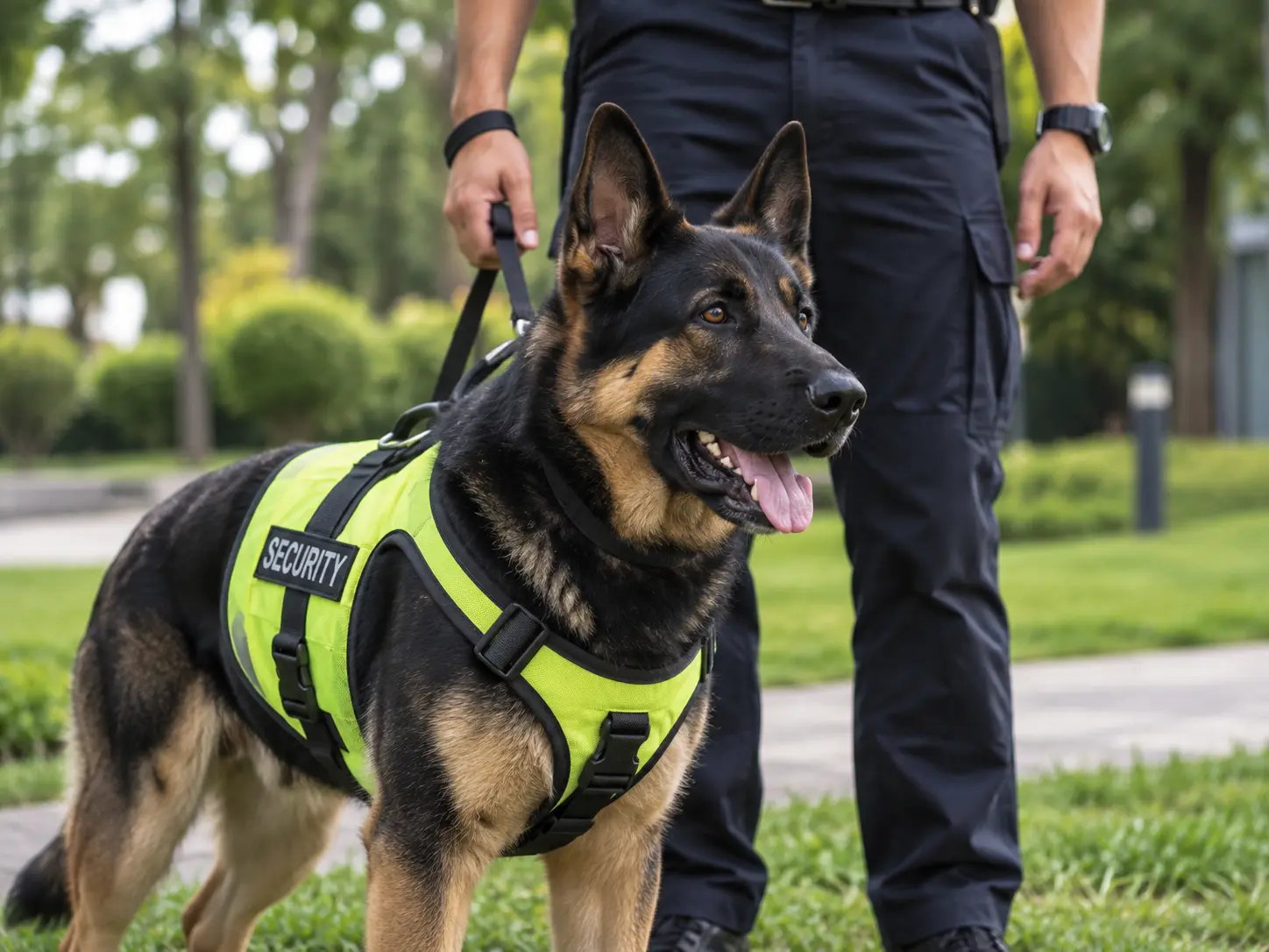K9 security dog in a high-visibility harness with its handler