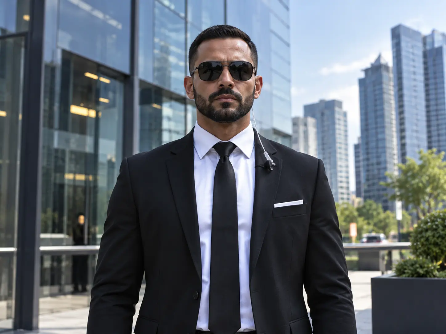 Elite close protection officer in a black suit and sunglasses