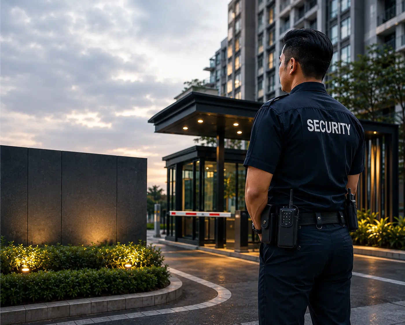 Kaliber security guard on duty at the entrance of a modern residential development